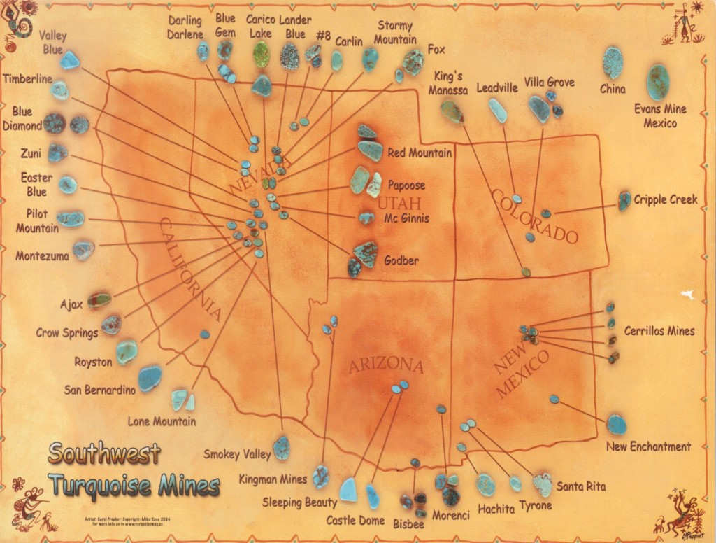 Mapa de minas de turquesas en el suroeste de Estados Unidos