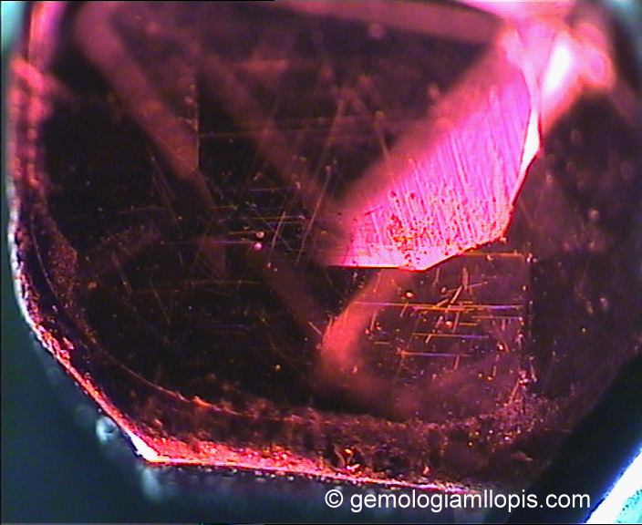 Doblete de granate y vidrio. Aquí vemos las inclusiones naturales del granate con forma de aguja alargada que se cruzan. Luz de campo oscuro, 20X.