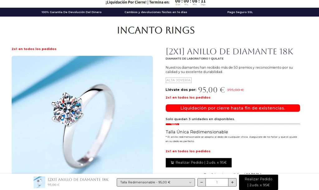 Pagina web de Incanto Rings donde vende expresamente dos anillos de oro blanco de 18K con un diamante sintético de 1 ct.